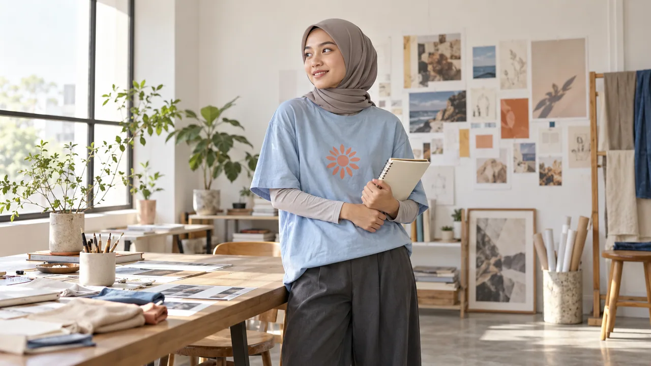 Visual kampanye: Perempuan berhijab dengan kaos custom biru di studio desain.