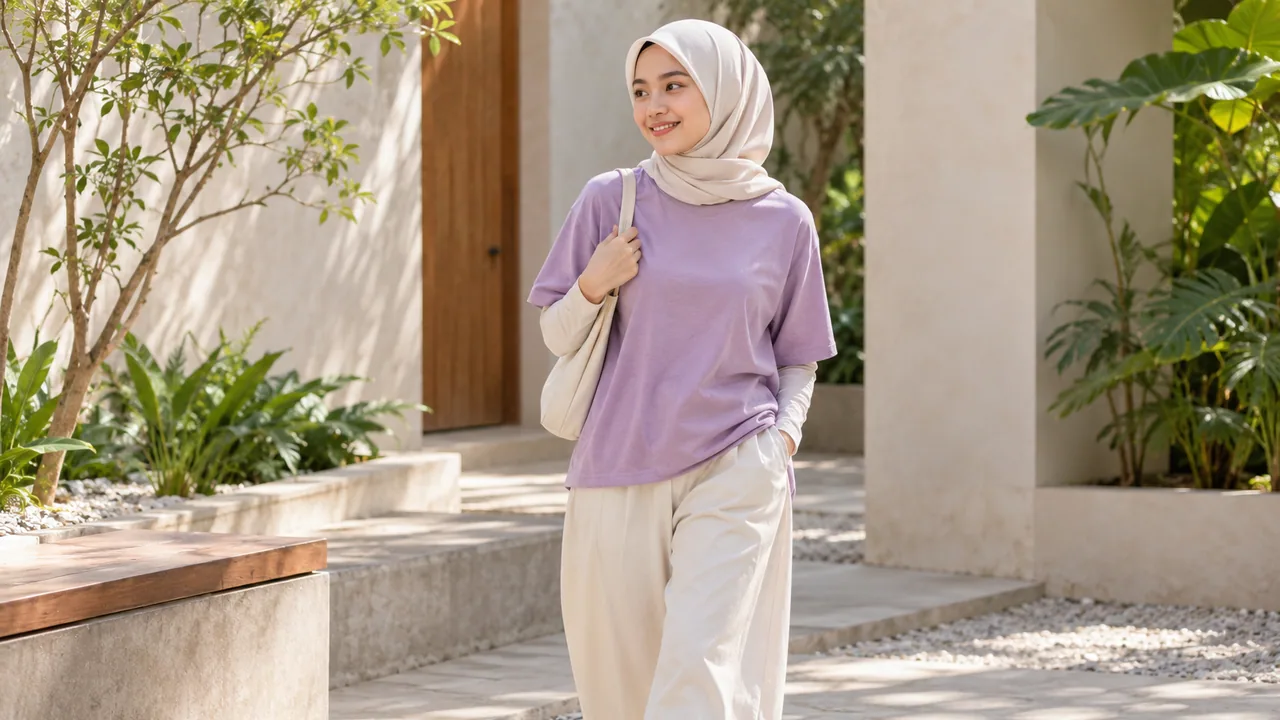 Visual kampanye: Perempuan berhijab mengenakan kaos lilac berlapis lengan panjang.