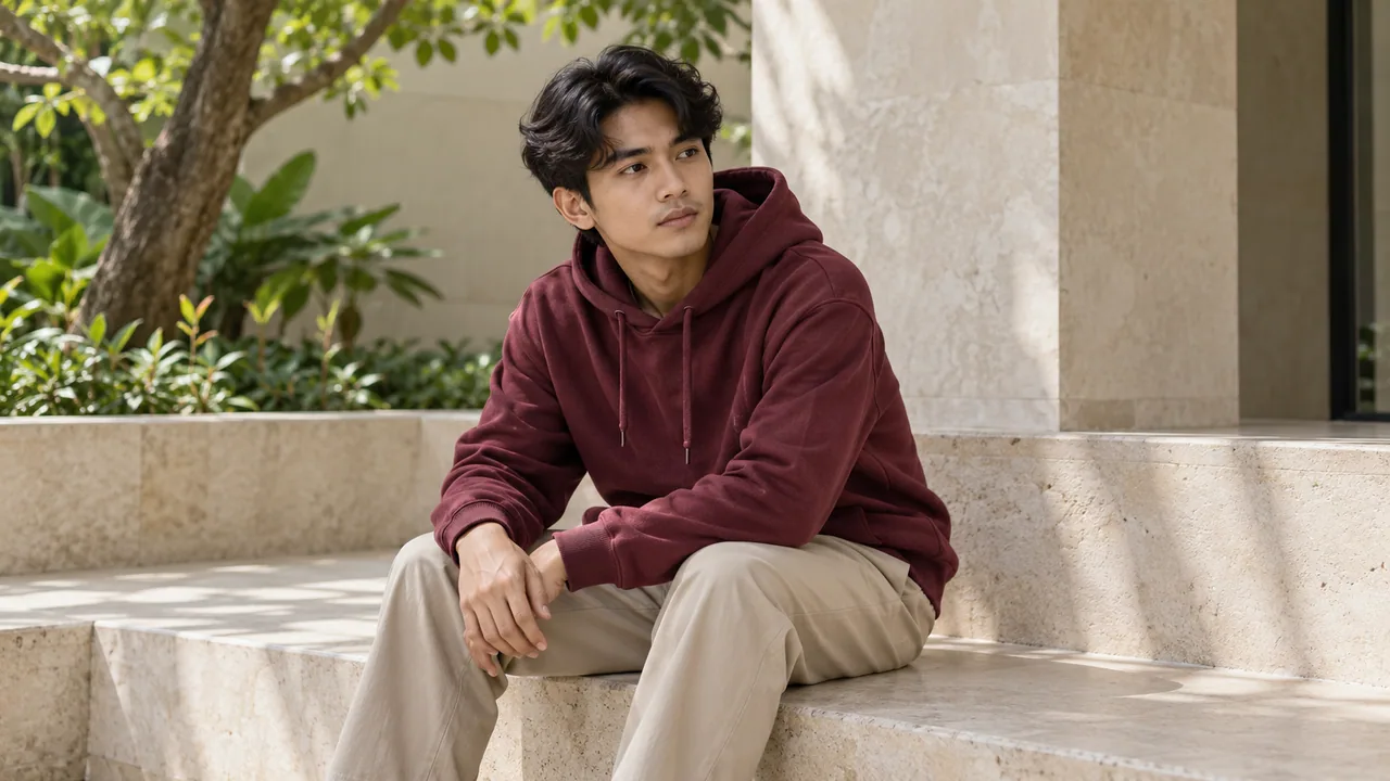 Visual kampanye: Pria mengenakan hoodie burgundy di bangku taman.