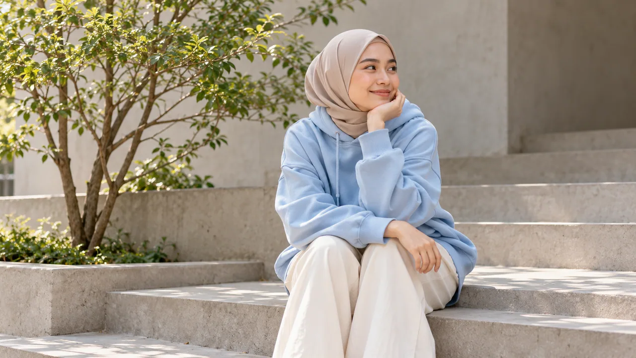 Visual kampanye: Perempuan berhijab mengenakan hoodie biru pastel.