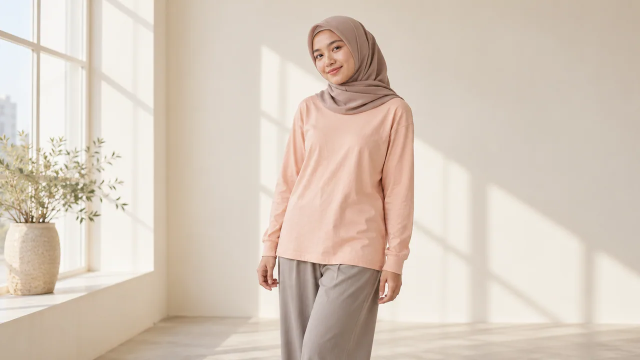 Visual kampanye: Perempuan berhijab mengenakan kaos lengan panjang peach.
