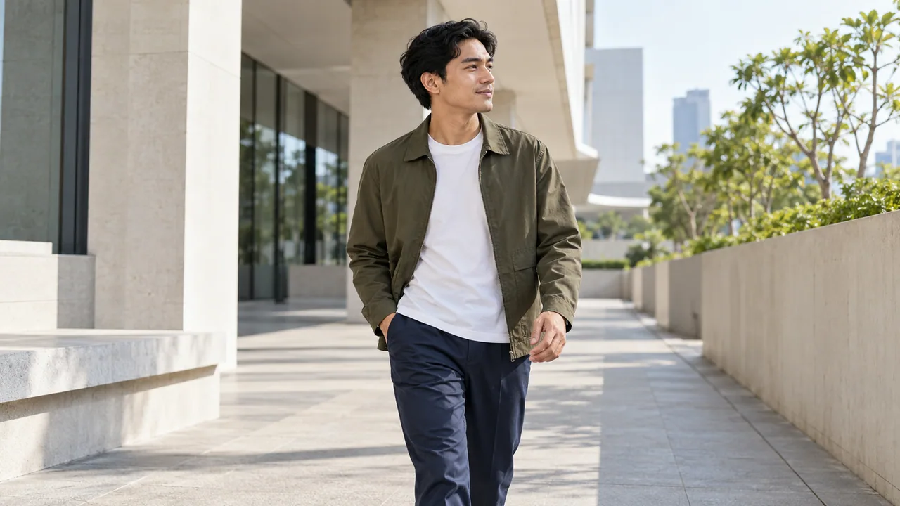 Visual kampanye: Pria berjalan mengenakan jaket olive.