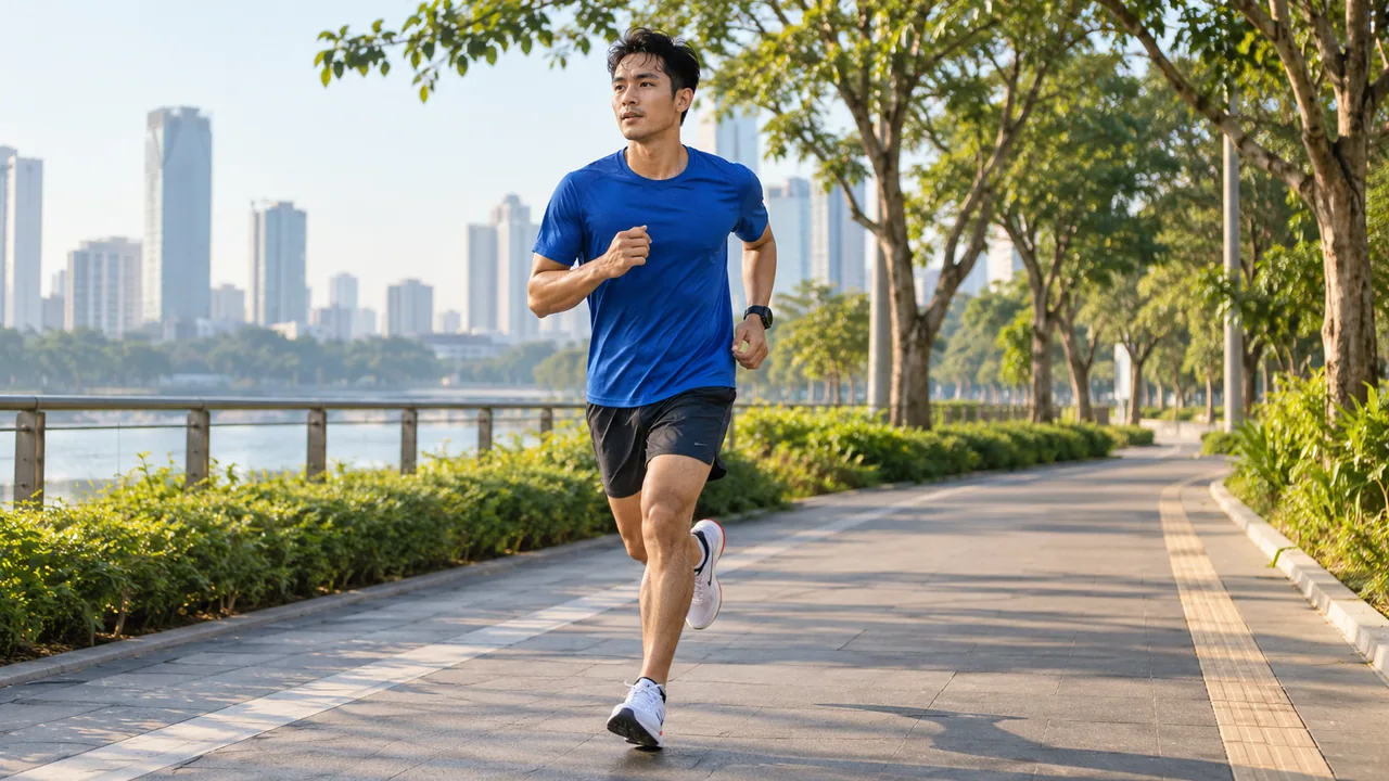 Visual kampanye: Pria berlari dengan kaos olahraga biru polos.