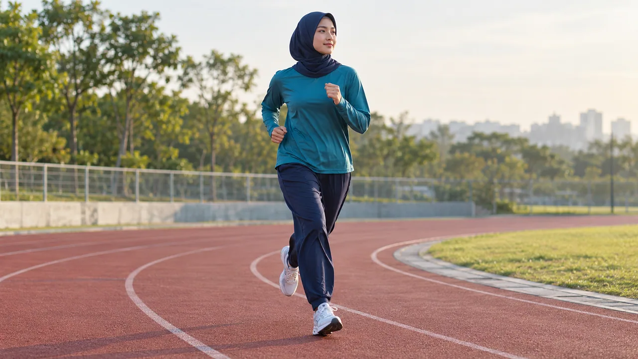 Visual kampanye: Perempuan berhijab olahraga sedang berlari di lintasan.