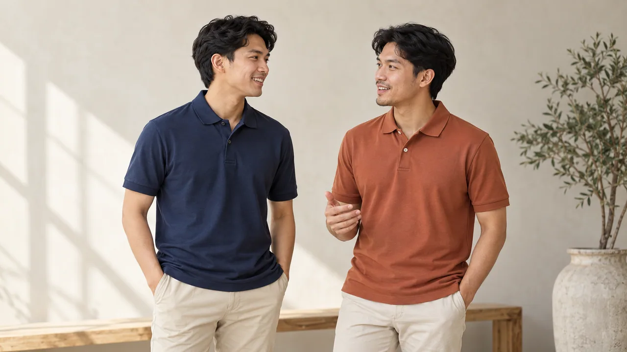 Visual kampanye: Dua pria mengenakan polo navy dan terracotta.