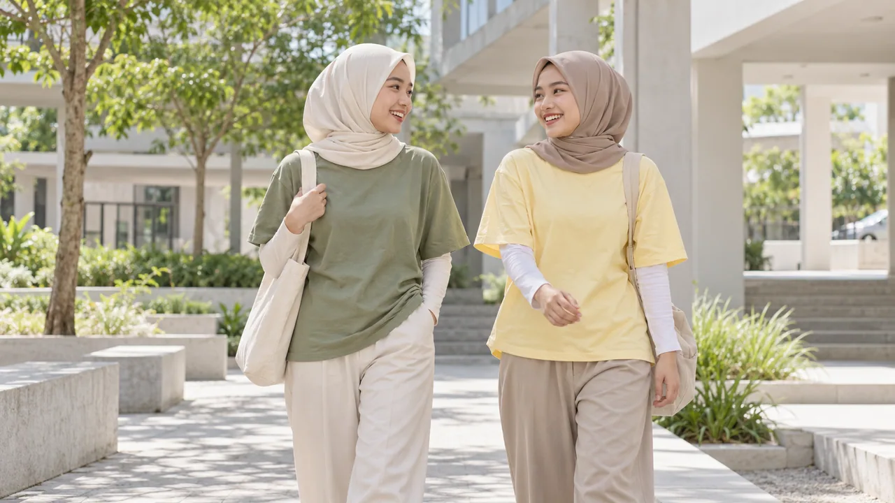 Visual kampanye: Dua perempuan berhijab mengenakan kaos sage dan butter.